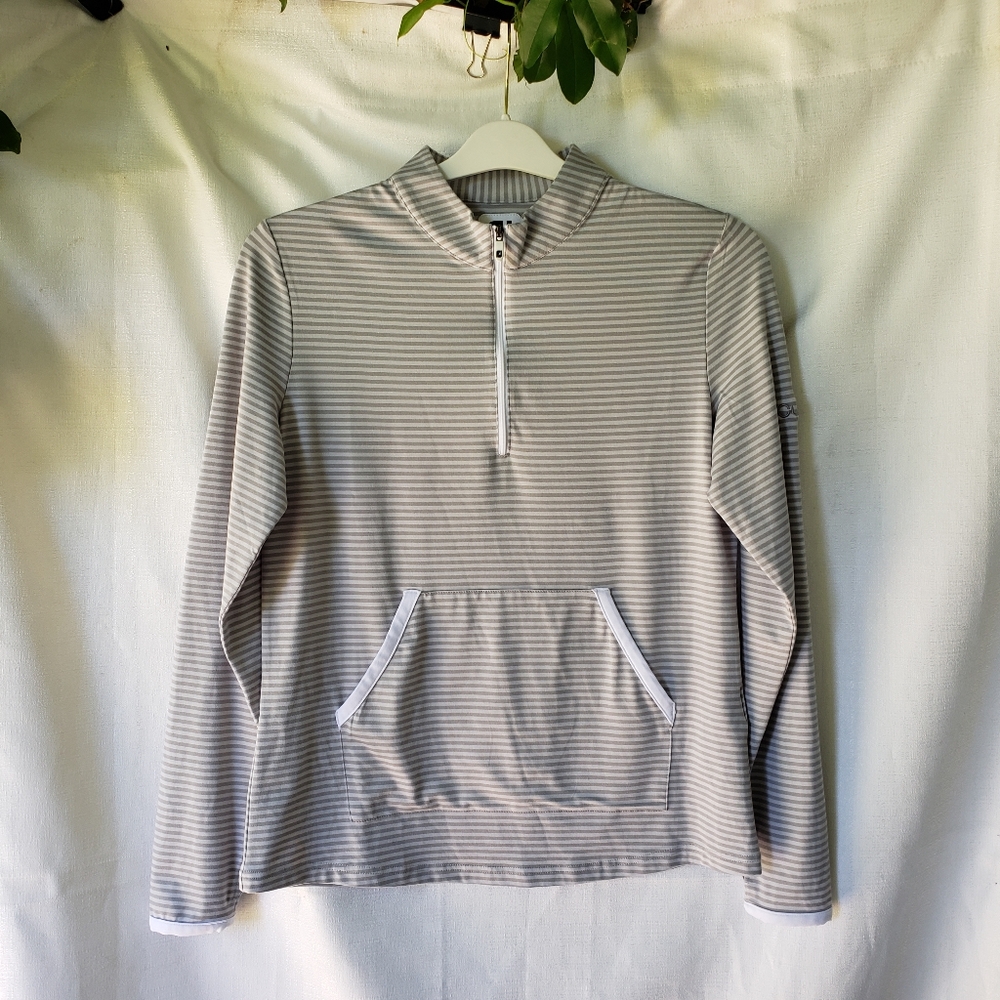 Footjoy Pullover Womens Size S Gray White Striped 1/4 Front Zip Thumb Holes